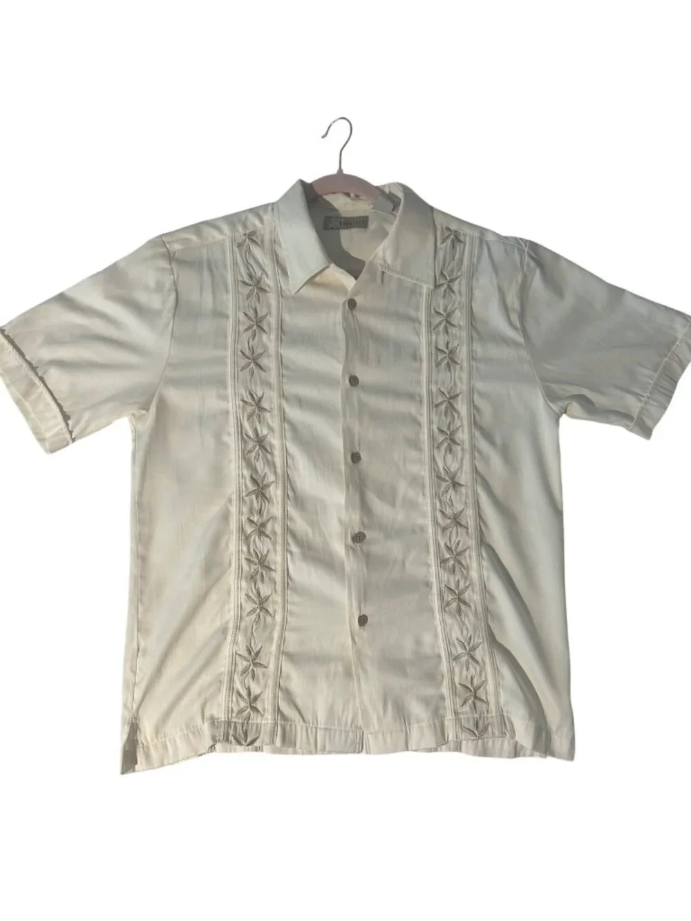 Cubavera Mens Embroidered Short Sleeve Button Up Shirt Beige Size M GUC